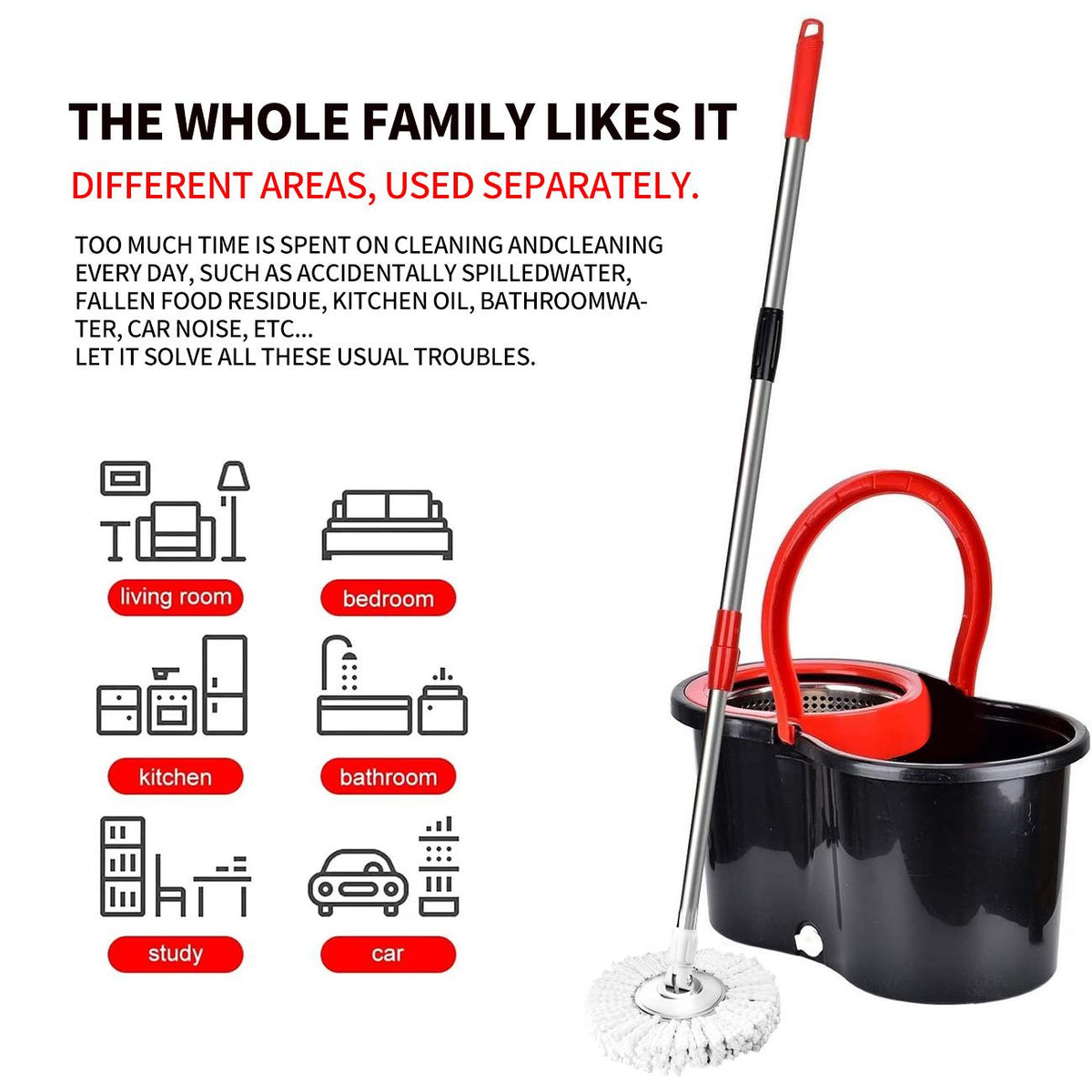 SOIVEN 360° Spin Mop and Bucket Set — 61" Handle, 6 Mop Heads, 2-Pack